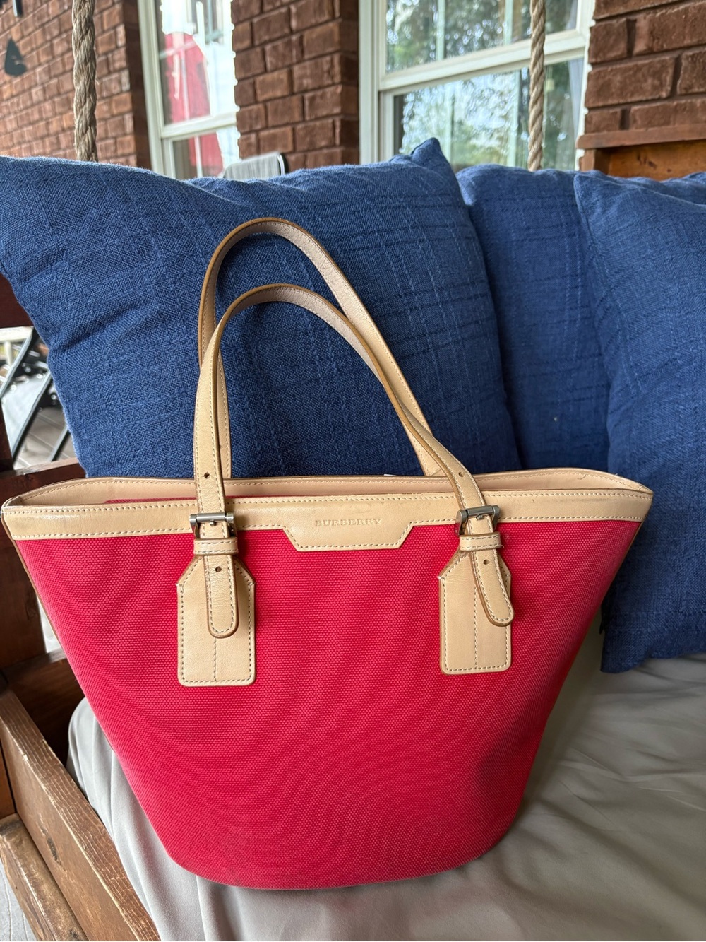 Burberry London Vintage Rich Raspberry Red Canvas Bucket Tote Nova Check